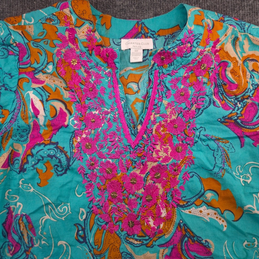 Charter‎ Club Petite Top 12P Turquoise Cotton Paisley Floral Embroidered Tunic